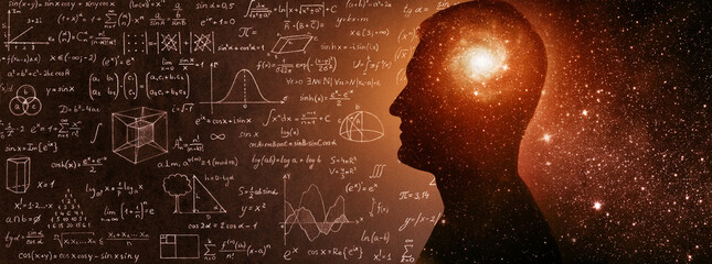 The universe within. Silhouette of a man inside the universe, physical and mathematical formulas.. The concept on scientific and philosophical topics.  Elements of this image furnished by NASA. © Tryfonov