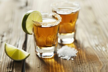 Fototapeta premium Golden tequila shots with lime and salt on wooden table