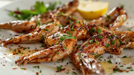 A closeup shot of sauteed frog legs arranged elegantly on a white plate, garnished with parsley and lemon, with a French bistro ambiance in the background
