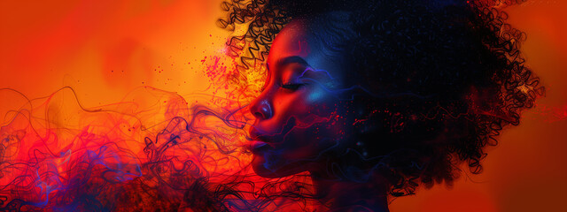 The captivating features of a young Afro-American woman are enhanced by a mesmerizing, fractal-like pattern that adds depth and dynamism to the portrait.