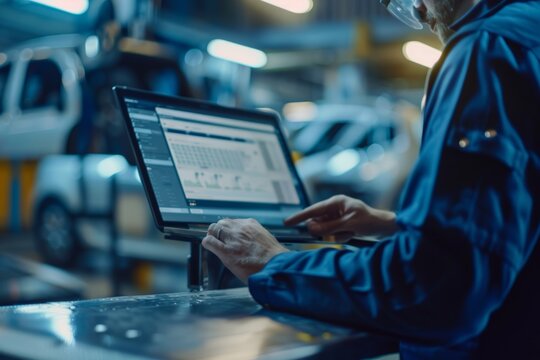 Mechanic Inputting Car Service Data on Computer in Auto Workshop - Maintenance Records Logging