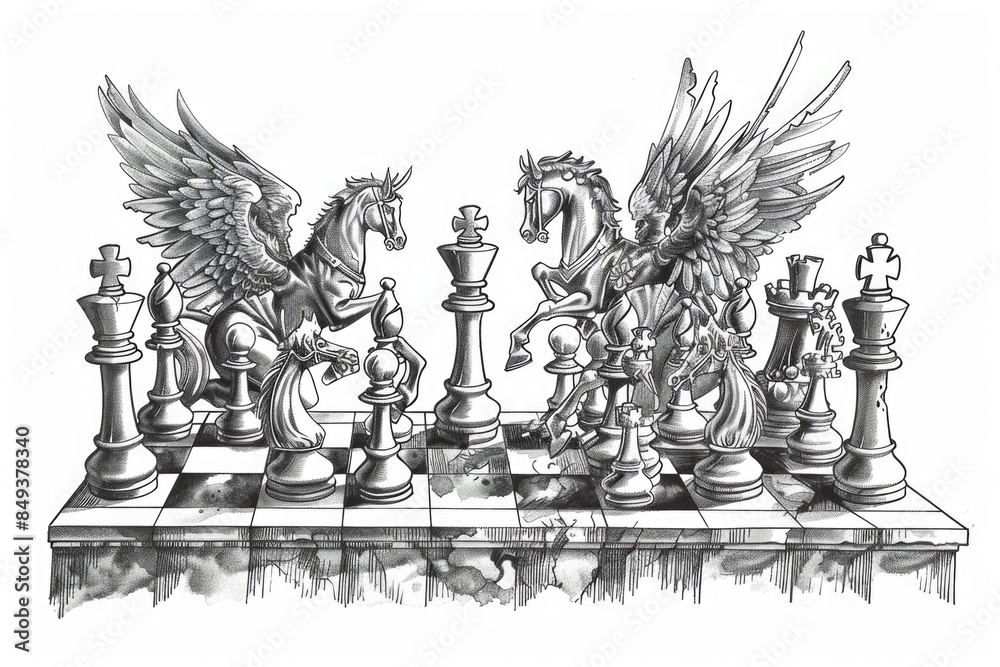 Poster a black and white drawing of a chess game in progress