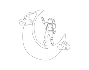 Continuous one line drawing of astronaut on the moon. One line drawing illustration of astronaut exploring outer space. National space day concept continuous line art. Editable outline.