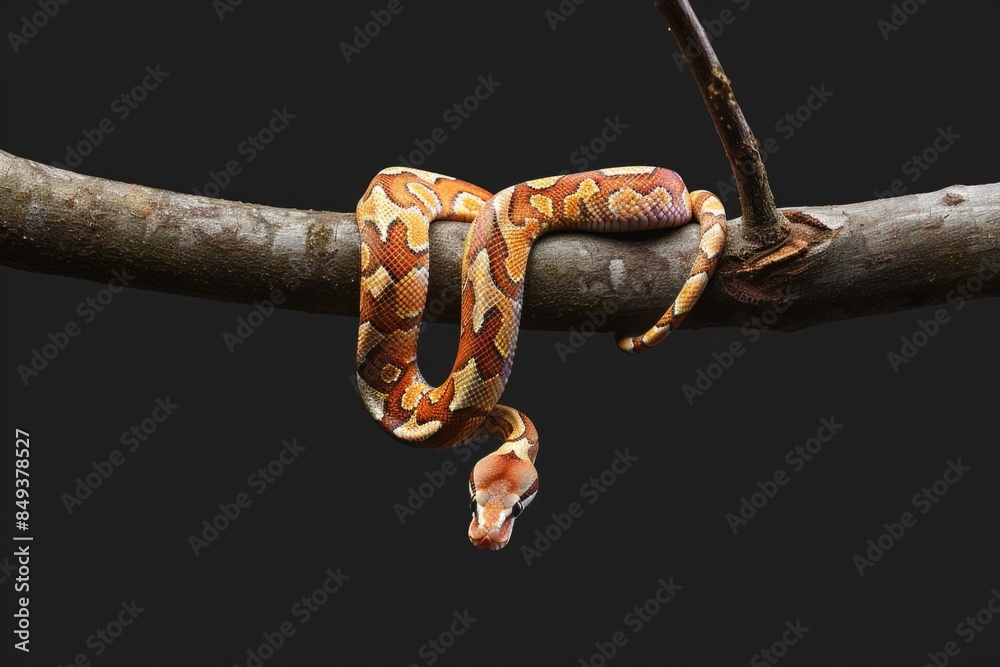 Poster a snake sits on a tree branch, possibly hunting or basking in the sun