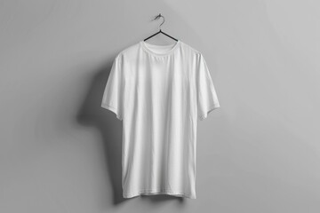 A single white t-shirt hanging from a hanger, ideal for fashion or lifestyle illustrations