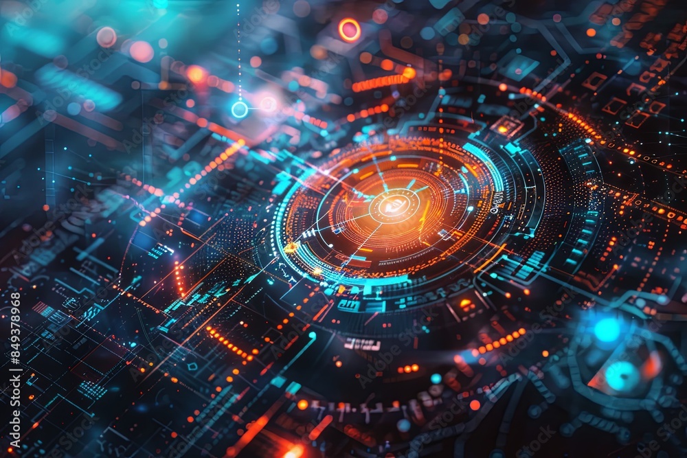 Leinwandbilder A digital illustration showcasing a futuristic cybersecurity network, protected by AI algorithms. It features digital locks, shields, and network nodes. Generative AI