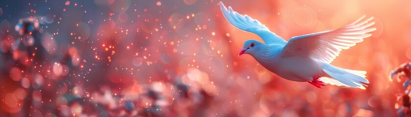 Fototapeta premium A white dove flies through a vibrant red and pink bokeh background.