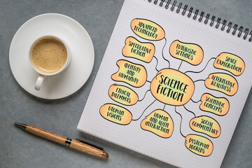 science fiction, speculative fiction that explores imaginative and futuristic concepts based on science and technology - sketch mind map infographics © MarekPhotoDesign.com