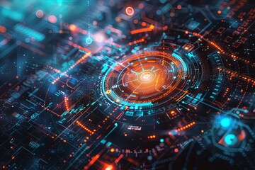 A digital illustration showcasing a futuristic cybersecurity network, protected by AI algorithms. It features digital locks, shields, and network nodes. Generative AI