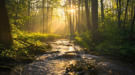 Fototapeta premium spring forest with sunlight filtering through the trees and a gentle stream flowing in the foreground 