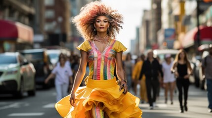 a transgender person confidently walking down the street,LGBT