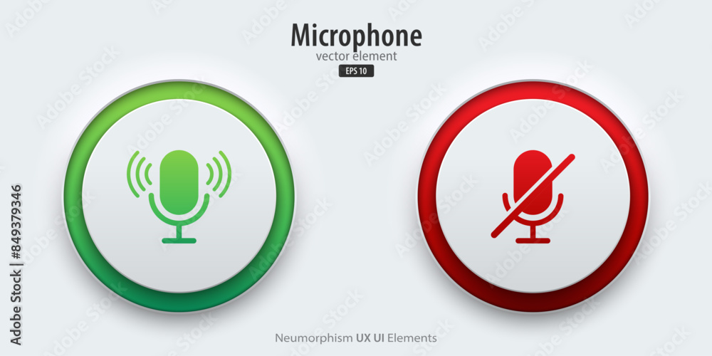 Poster Microphone icon. White buttons have neon lights with a microphone on-off symbols. 3D icon in trendy neumorphic style for apps, websites, and interfaces. UI UX element. Vector illustration.