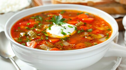 Homemade vegetable soup with fresh herbs in white bowl