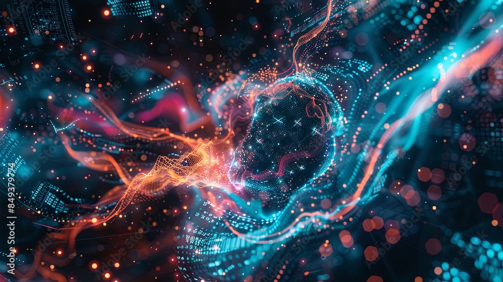 Poster a detailed representation of big data processing, including intricate graphs and digital interfaces,