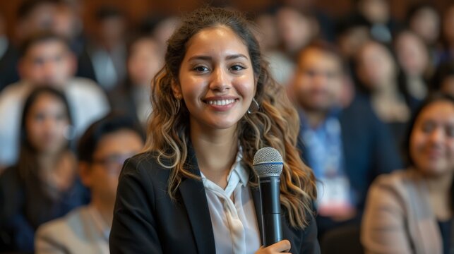 lat&iacute;n woman in a conference happy giving her opini&oacute;n