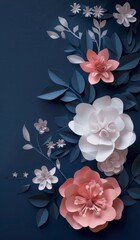 Elegant 3D paper art of pink and white flowers on a dark blue wall background