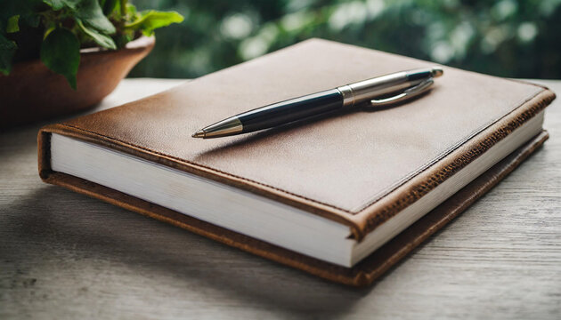 pen rests atop a closed journal on a wooden table, symbolizing creativity, reflection, and the beginning of new ideas. The natural light and minimalist setup convey a sense of calm and focus