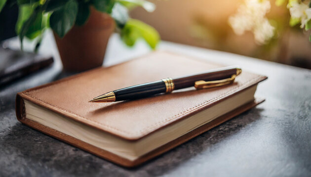 pen rests atop a closed journal on a wooden table, symbolizing creativity, reflection, and the beginning of new ideas. The natural light and minimalist setup convey a sense of calm and focus