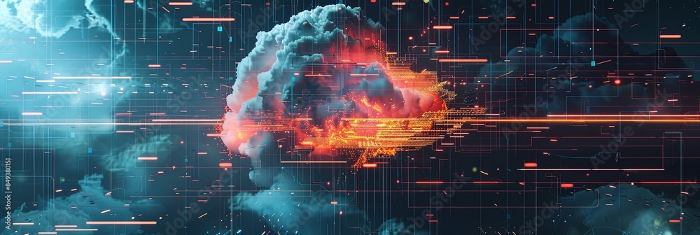Poster an abstract digital illustration of cloud computing with data processing and ai operations in the cl