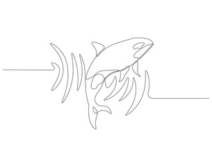 Continuous one line drawing of orca whale. One line drawing illustration of whale killer fish. World aquatic animal day concept continuous line art. Editable outline.