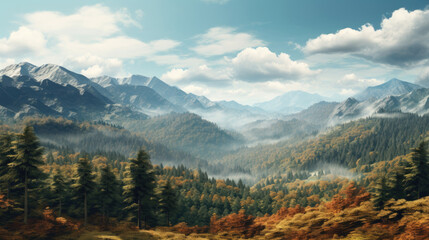 Fall mountain range landscape with orange autumn trees and blue sky