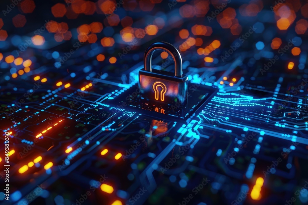 Poster A close-up shot of a lock on a circuit board, suitable for use in technology and electronics related contexts