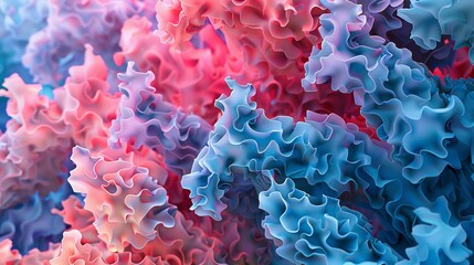 Vibrant close-up of colorful, wavy abstract forms blending pink and blue hues, creating a mesmerizing and dynamic visual texture.