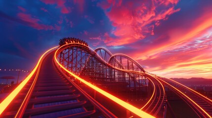 A roller coaster ride going down a track at sunset with vibrant colors and shadows