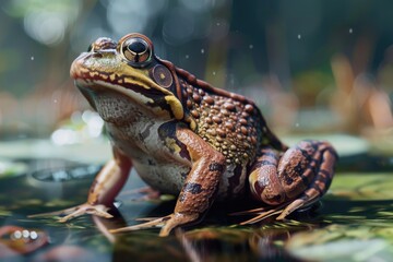A small frog sits comfortably on the surface of a calm puddle of water, surrounded by nature