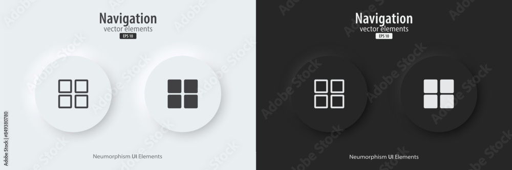 Poster Navigation icon. A set of black and white round buttons with a Navigation symbols. 3d icon in trendy neumorphic style for apps, websites, and interfaces. UI UX element. Vector illustration.