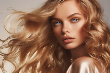 Fototapeta premium Cool studio close-up of a blonde woman with ash blond hair. The soft pastel shades highlight her elegant and healthy hair texture.