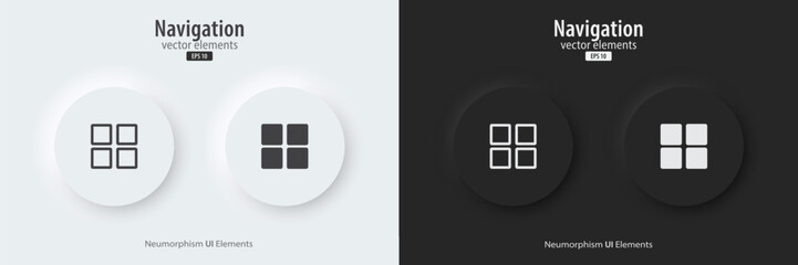 Navigation icon. A set of black and white round buttons with a Navigation symbols. 3d icon in trendy neumorphic style for apps, websites, and interfaces. UI UX element. Vector illustration.