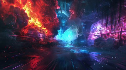 Vivid digital art depicting an abstract cosmic explosion with vibrant colors, blending fire and ice themes, creating a stunning visual spectacle.