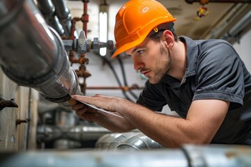Plumber Conducting Safety Inspection of Pipes and Valves in an Industrial Setting