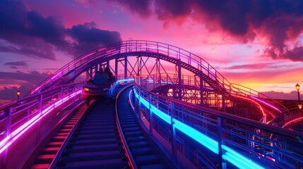 Roller coaster at a theme park during sunset