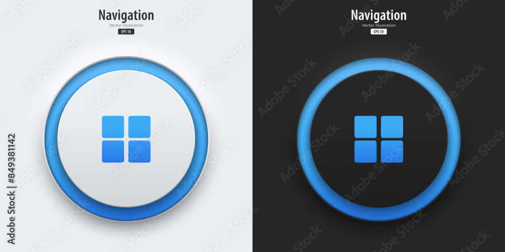 Poster Navigation icon. A set of black and white buttons have blue neon lights with navigation symbols. 3D icon in trendy neumorphic style for apps, websites, interfaces. UI UX elements. Vector illustration.