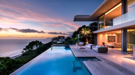 Fototapeta premium Exterior of modern minimalist cubic villa with swimming pool at sunset