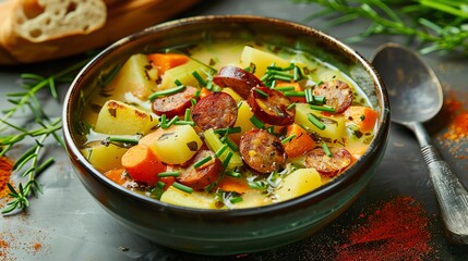 A delicious and comforting bowl of German Kartoffelsuppe with potatoes, carrots, leeks, and celery, garnished with crispy vegan sausage slices and fresh chives