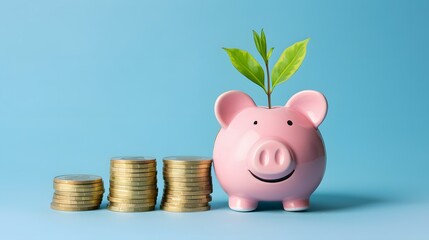 Pig piggy bank and seedlings grown with coin stack - investment ideas for growth