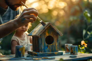 Adult and child painting a birdhouse outdoors