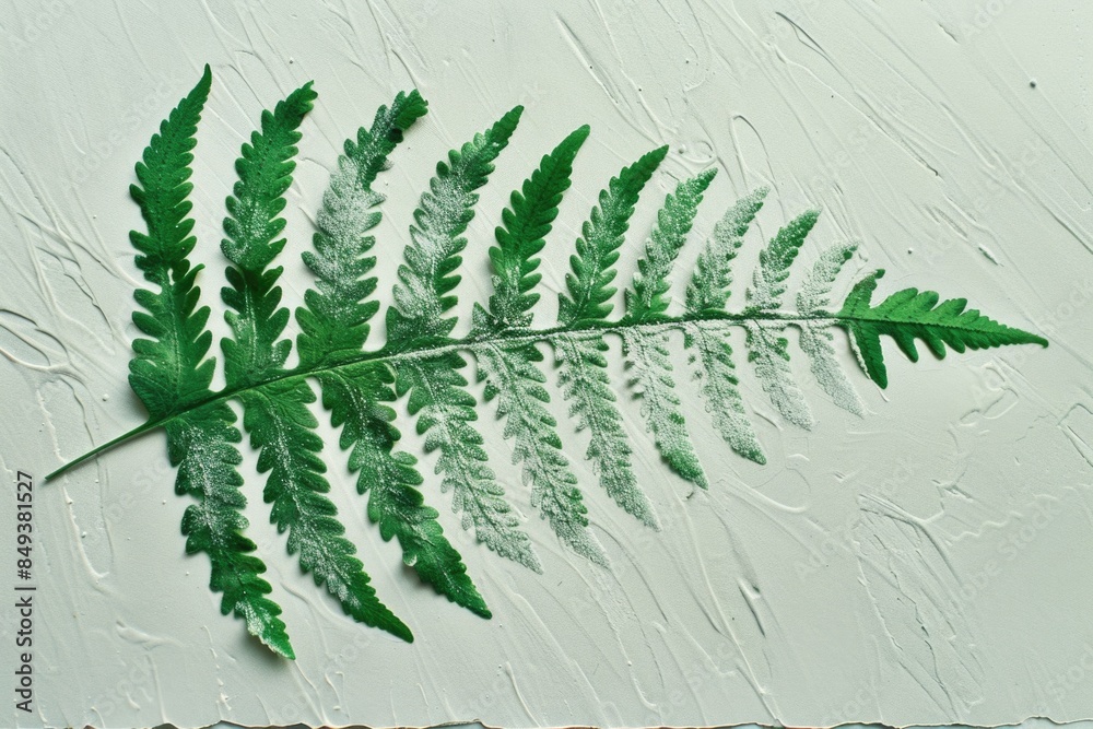 Poster a single green fern leaf sits on a white surface, providing a pop of natural color and texture