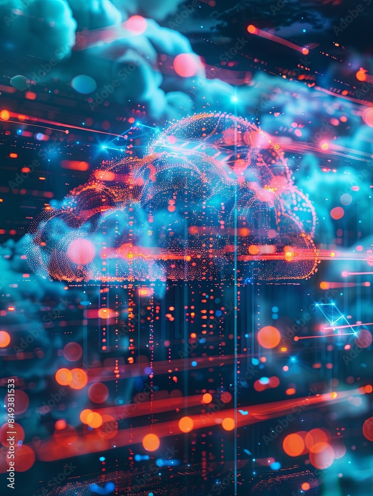 Poster abstract visualization of cloud computing, featuring glowing digital elements representing data proc