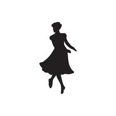 Beautiful woman in dress on heels is dancing single and training ballroom dancing in black isolated on white background. Hand drawn vector silhouette illustration. Vintage costume, theater.