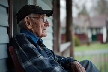 A serene image of an elderly man, deeply engrossed in his thoughts, as he sits on a porch, observing the passing world with a sense of wisdom and nostalgia.