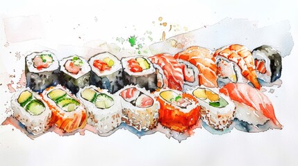 A variety of sushi and rolls, including nigiri, maki, and sashimi.