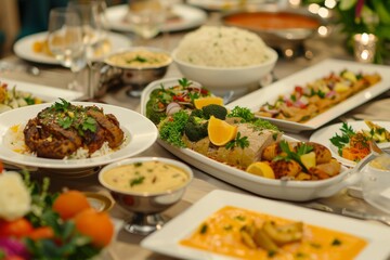 Indulge in a lavish banquet setting adorned with exquisite decor, offering a diverse menu that showcases culinary delights from every corner of the world.