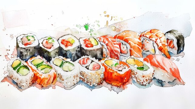 A variety of sushi and rolls, including nigiri, maki, and sashimi.