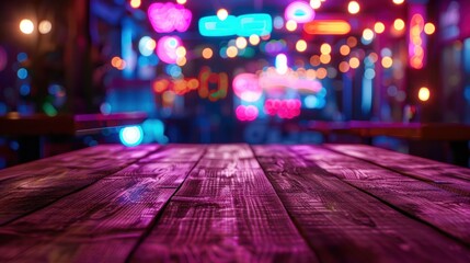 empty wooden table with a warm glow from neon lights