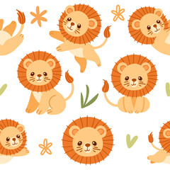 Seamless pattern cute small lion with green leaves cartoon animal design vector illustration on white background