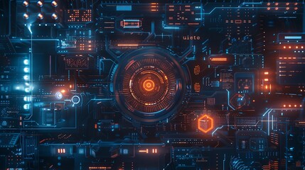 Obraz premium An abstract depiction of a futuristic cybersecurity network, showcasing digital locks, shields, and network nodes protected by AI algorithms. Generative AI